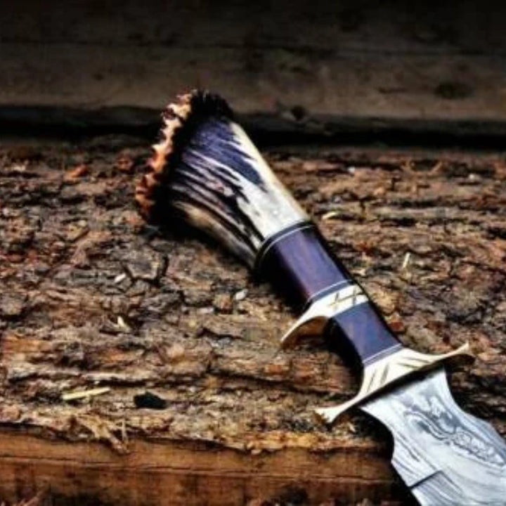 Damascus Steel Hunting Knife Stag Handle