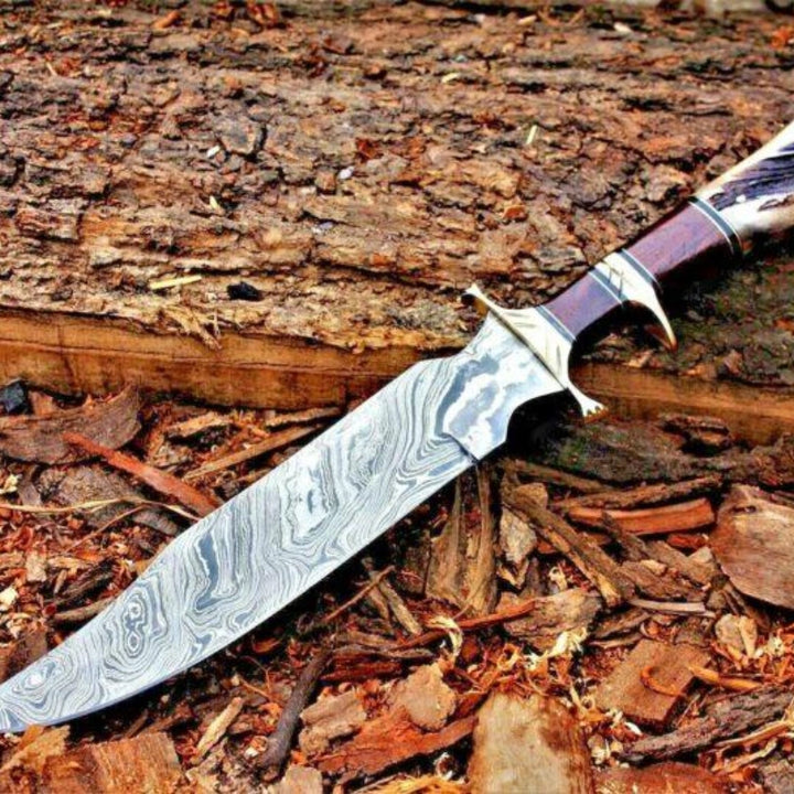Damascus Steel Hunting Knife Stag Handle