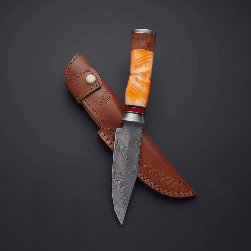 Damascus Steel Hunting Knife – Coloured Bone Handle