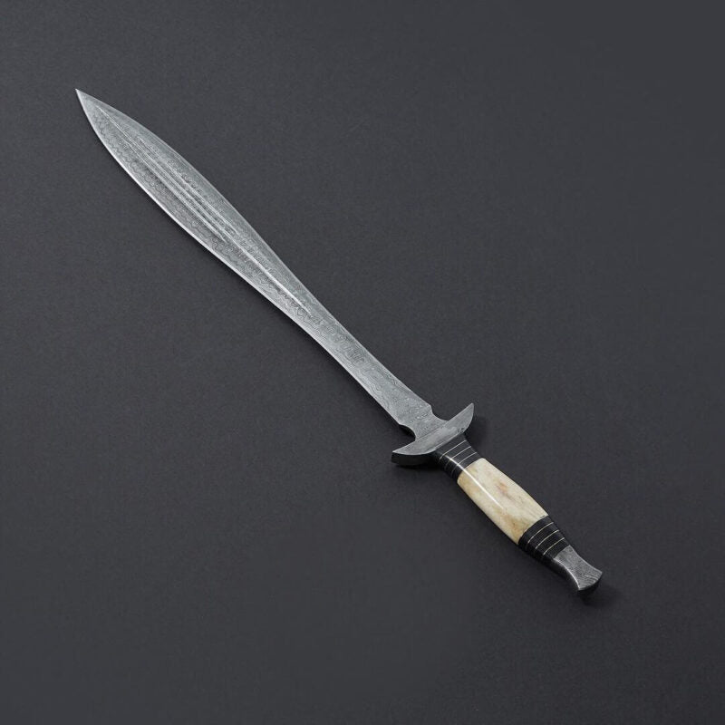 Damascus Steel Sword with Bull Horn and Natural Bone Handle