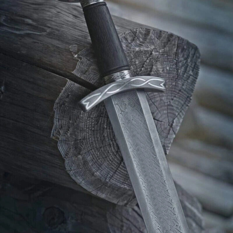 Damascus Steel Viking Sword – Ash Wood Handle with Amazing Runes & Silver Etched Guards