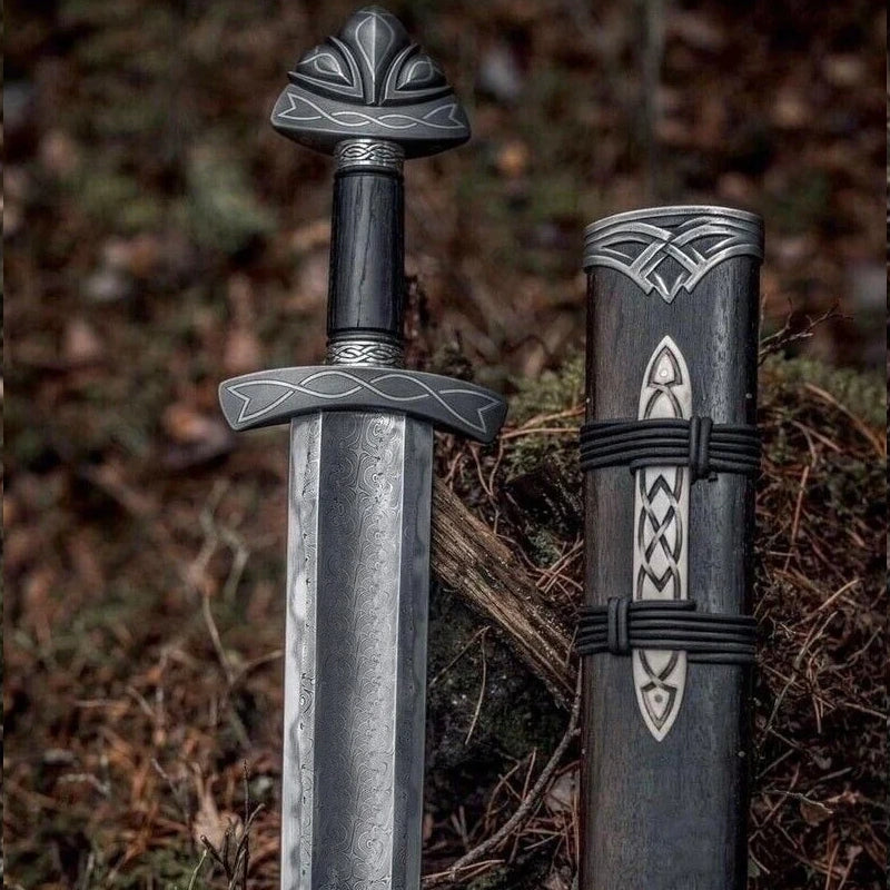 Damascus Steel Viking Sword – Ash Wood Handle with Amazing Runes & Silver Etched Guards