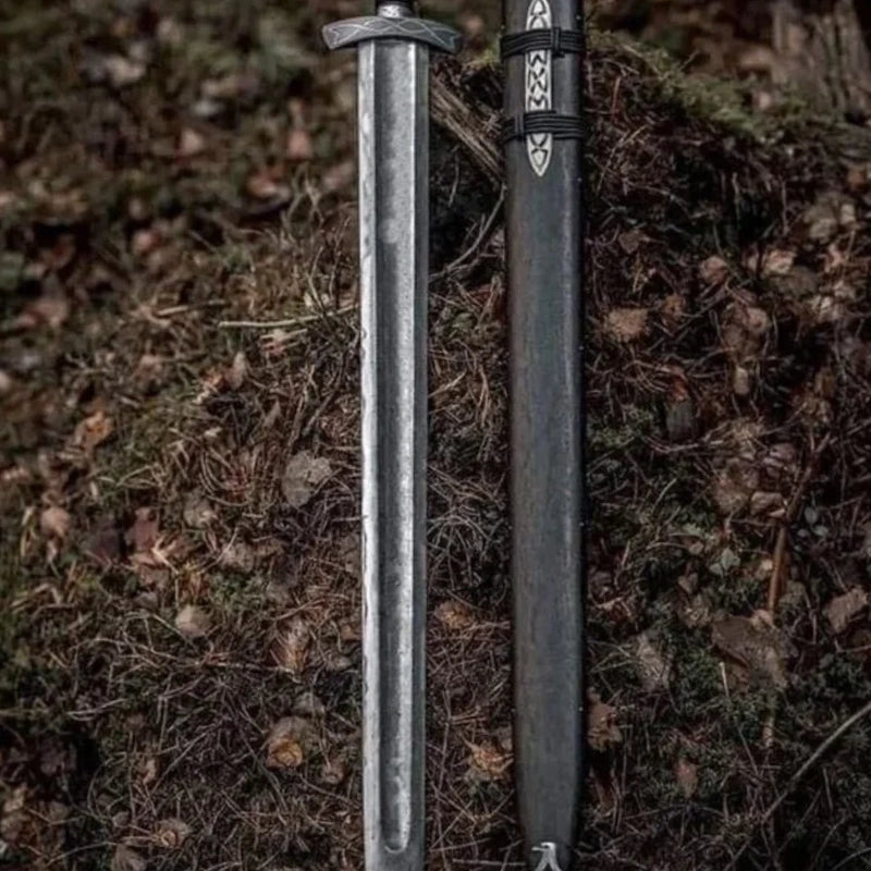 Damascus Steel Viking Sword – Ash Wood Handle with Amazing Runes & Silver Etched Guards