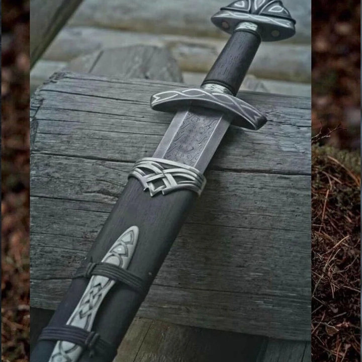 Damascus Steel Viking Sword – Ash Wood Handle with Amazing Runes & Silver Etched Guards