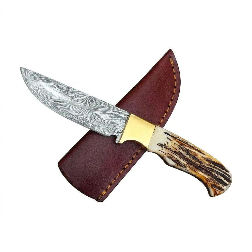 Damascus Camping Hunting Knife –  Burnt Bone Handle