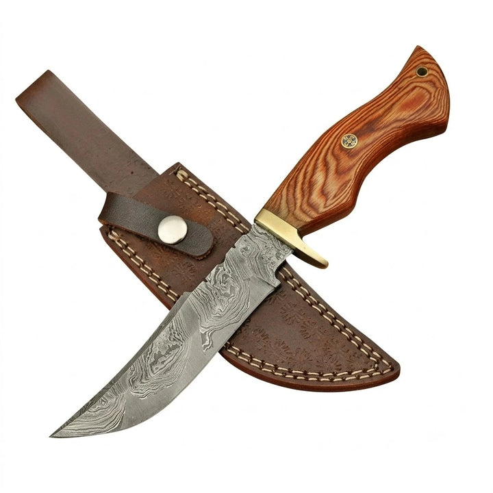 Damascus Hunting Knife Stain Wood & Brass Guard Handle