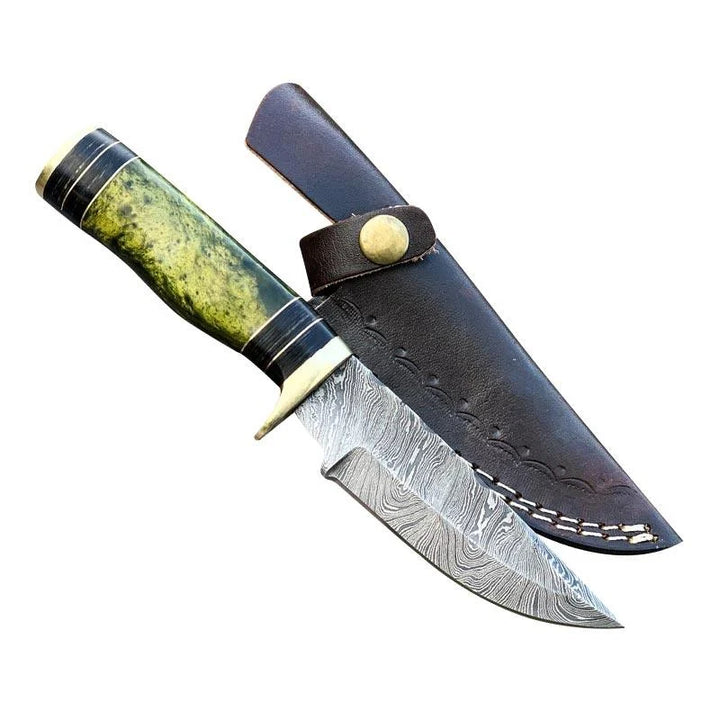 Damascus Hunting Knife Wood & Brass Guard Handle