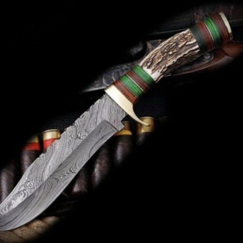 Damascus Hunting Knife with Stag & Brass Guard Handle
