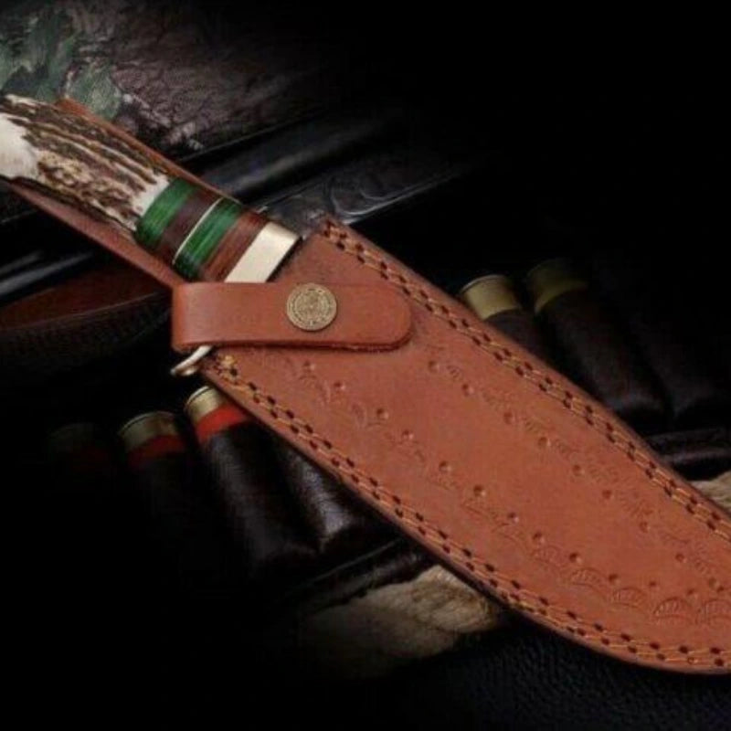 Damascus Hunting Knife with Stag & Brass Guard Handle