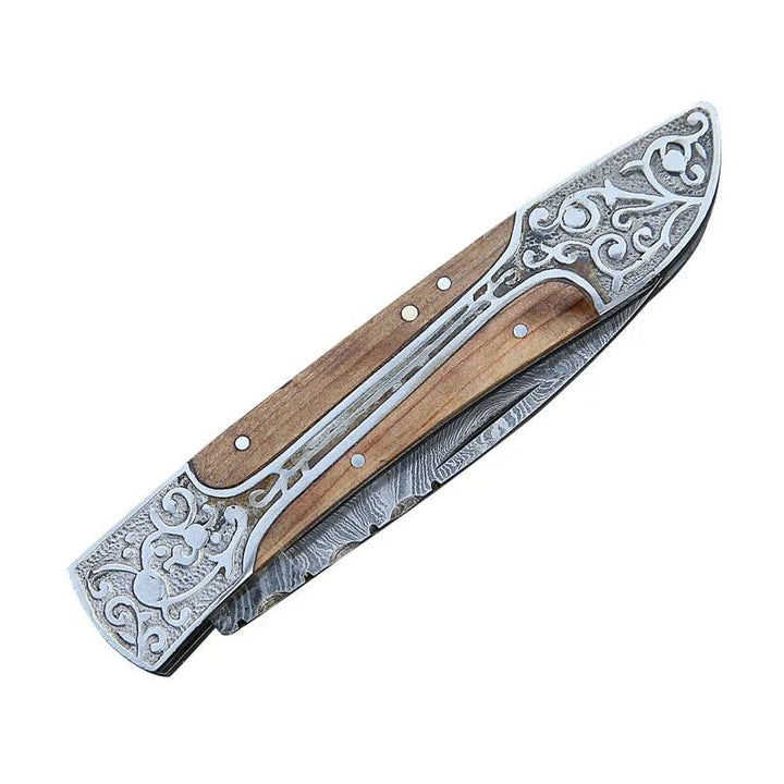 Damascus Pocket & Folding Knife with olive wood handle