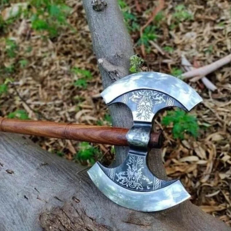 Double Headed Viking Axe – Hand-Forged Dual Blade with Leather Sheath