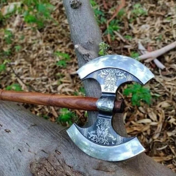 Double Headed Viking Axe – Hand-Forged Dual Blade with Leather Sheath