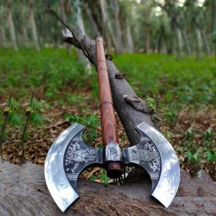 Double Headed Viking Axe – Hand-Forged Dual Blade with Leather Sheath