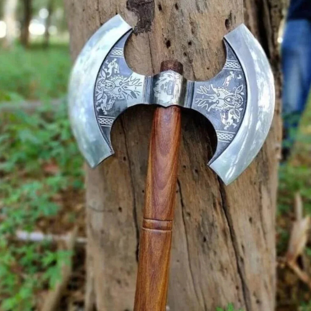Double Headed Viking Axe – Hand-Forged Dual Blade with Leather Sheath