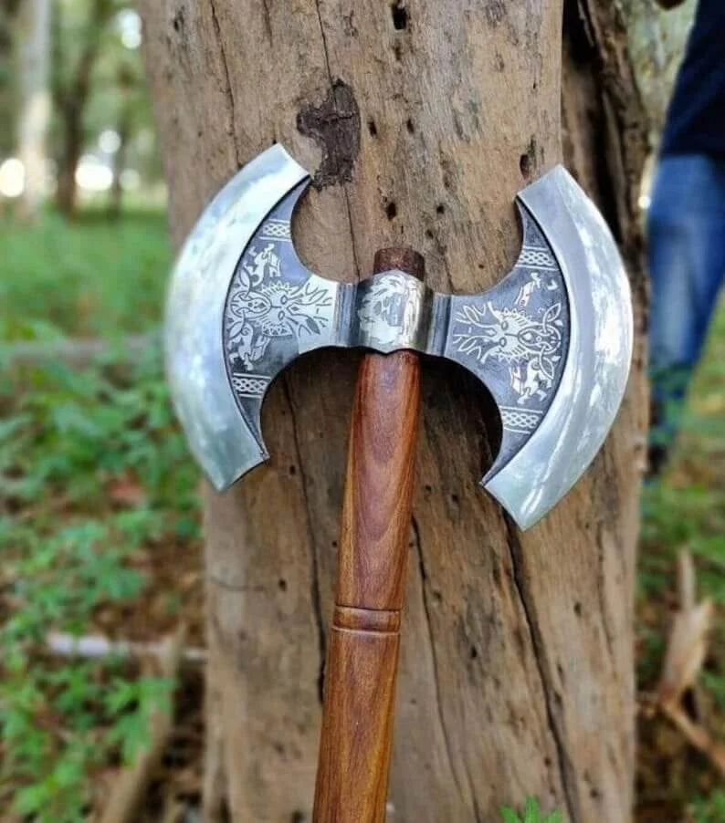 Double Headed Viking Axe – Hand-Forged Dual Blade with Leather Sheath