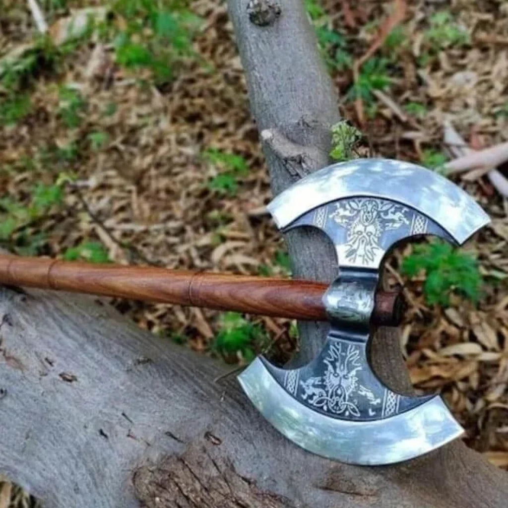 Double Headed Viking Axe – Hand-Forged Dual Blade with Leather Sheath