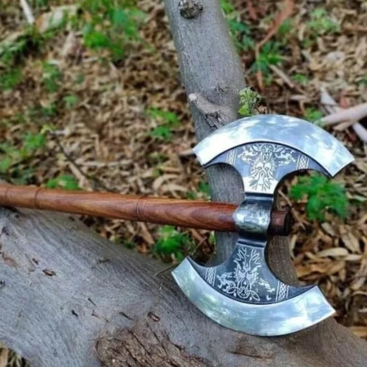Double Headed Viking Axe – Hand-Forged Dual Blade with Leather Sheath