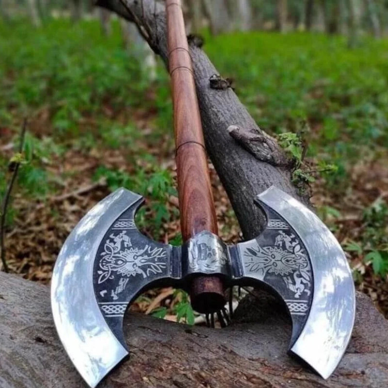 Double Headed Viking Axe – Hand-Forged Dual Blade with Leather Sheath