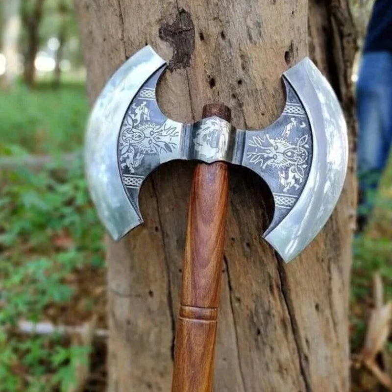 Double Headed Viking Axe – Hand-Forged Dual Blade with Leather Sheath