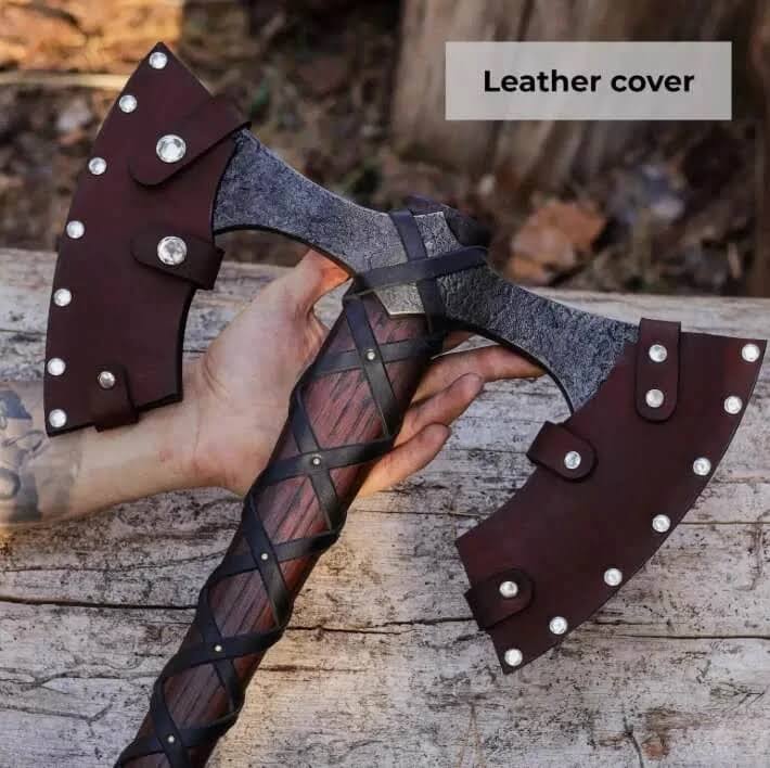 Double Headed Viking Axe – Hand-Forged Two-Handed Battle Axe with Leather Sheath