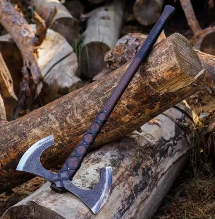 Double Headed Viking Axe – Hand-Forged Two-Handed Battle Axe with Leather Sheath