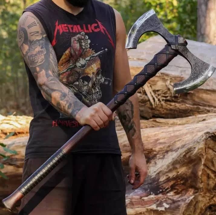 Double Headed Viking Axe – Hand-Forged Two-Handed Battle Axe with Leather Sheath