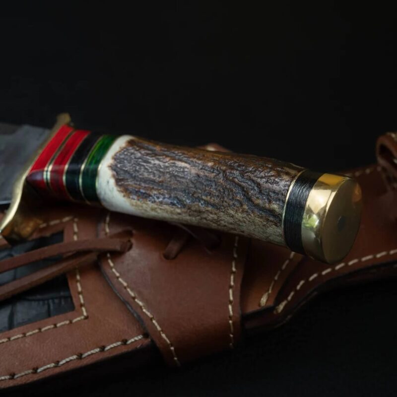 Hand-Forged Damascus Hunting Knife with White Stag Horn Handle