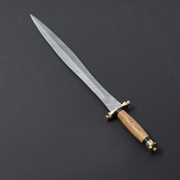 Handcrafted Damascus Steel Sword with Brass File Work Guard and Olive Wood Handle