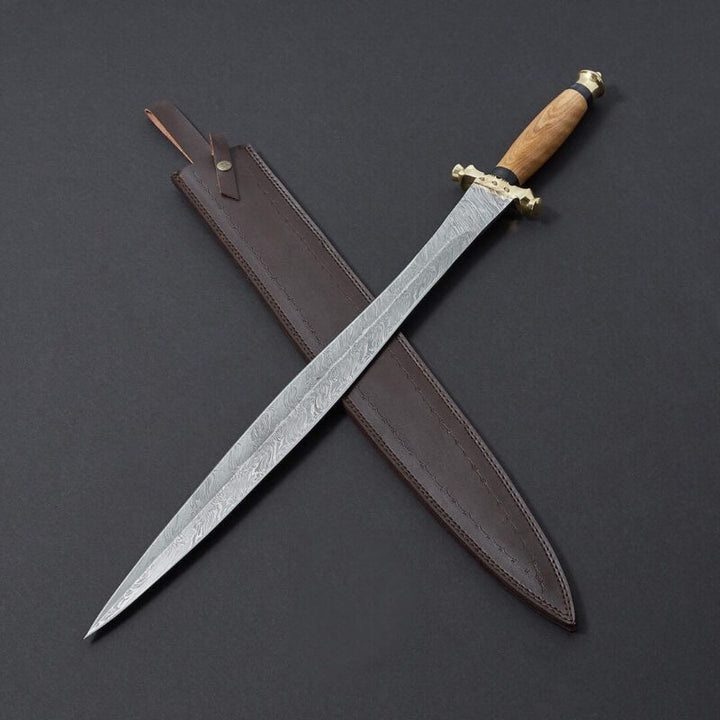 Handcrafted Damascus Steel Sword with Brass File Work Guard and Olive Wood Handle