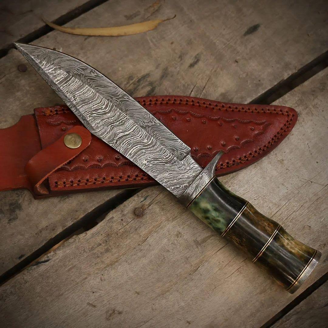 Handmade Damascus Hunting Knife Camel Bone Handle