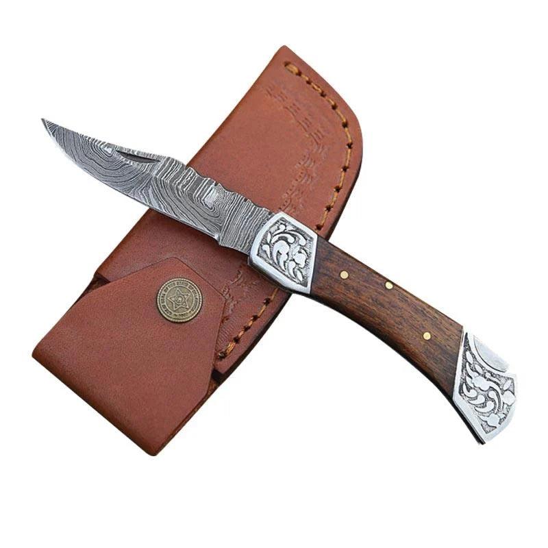 Handmade Damascus Pocket Folding Knife Rosewood Handle