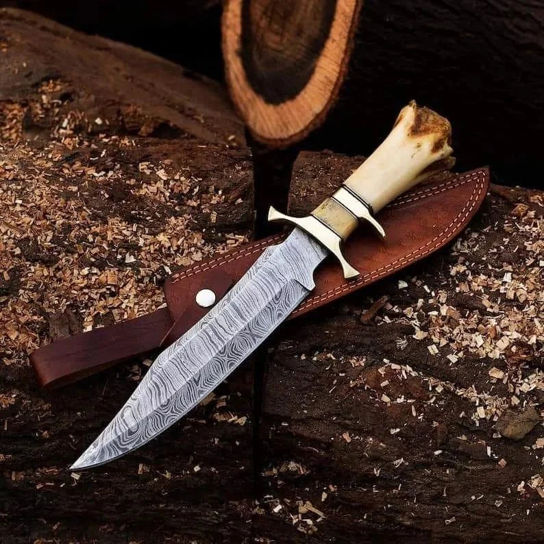 Handmade Damascus Steel Bowie Knife with Brozen Guards & Camel Bone Handle