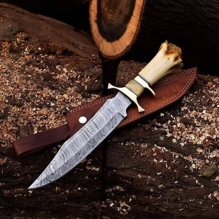 Handmade Damascus Steel Bowie Knife with Brozen Guards & Camel Bone Handle