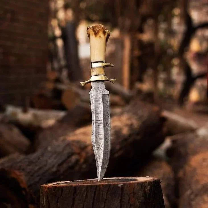 Handmade Damascus Steel Bowie Knife with Brozen Guards & Camel Bone Handle