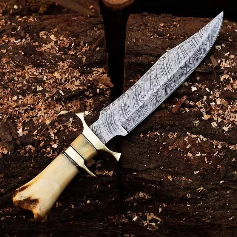 Handmade Damascus Steel Bowie Knife with Brozen Guards & Camel Bone Handle