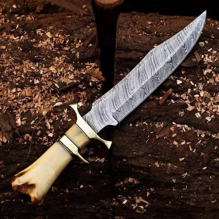 Handmade Damascus Steel Bowie Knife with Brozen Guards & Camel Bone Handle