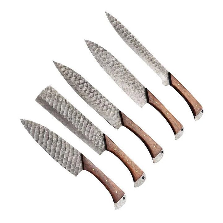 High Quality Handmade Damascus Steel Chef Knife & Damascus Steel Kitchen Knife Set of 5 Rose Wood Handle