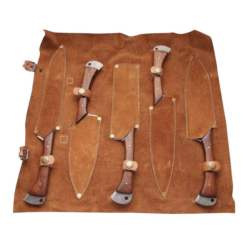 High Quality Handmade Damascus Steel Chef Knife & Damascus Steel Kitchen Knife Set of 5 Rose Wood Handle
