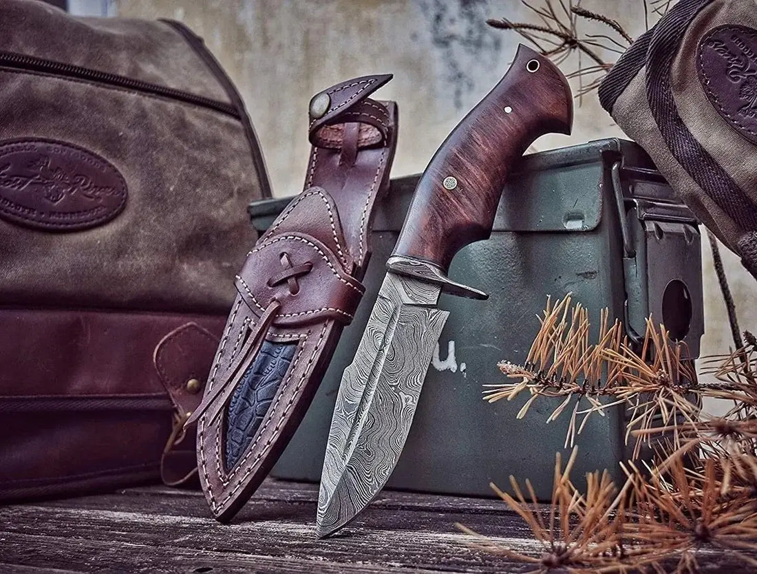 Damascus Steel Bowie Hunting Knife with Rosewood Handle