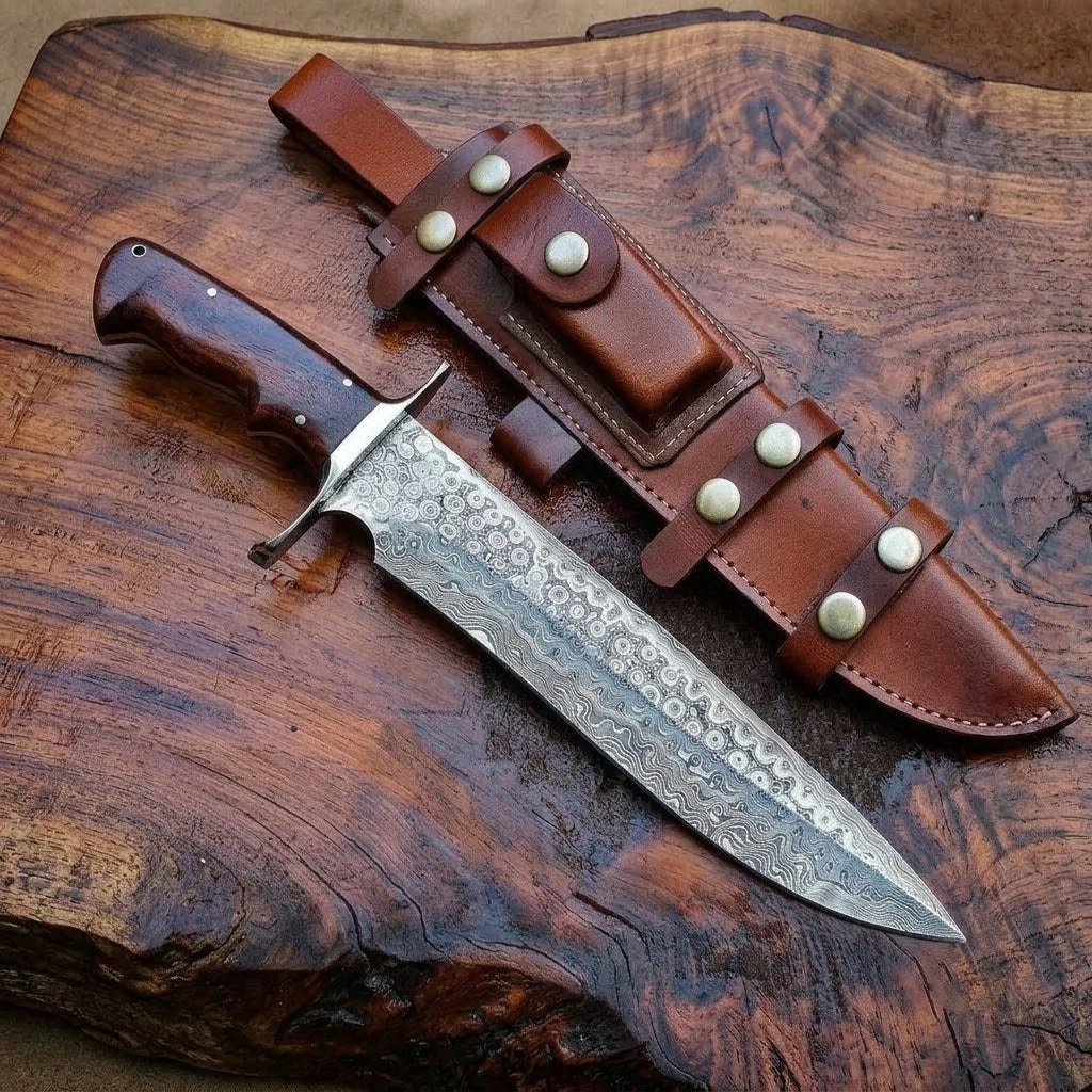 Premium Handcrafted Damascus Bowie Knife Rose Wood Handle