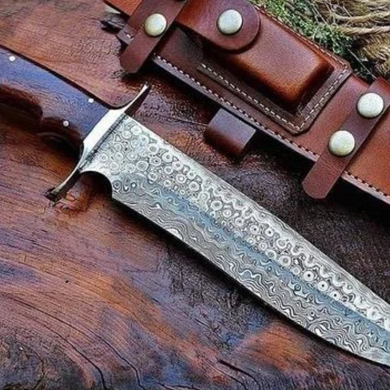 Premium Handcrafted Damascus Bowie Knife Rose Wood Handle