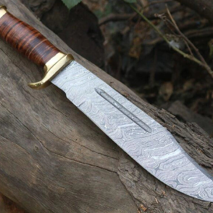 Premium Handcrafted Damascus Bowie Knife – 17-inch Forged Steel Blade with Brass and Leather Handle