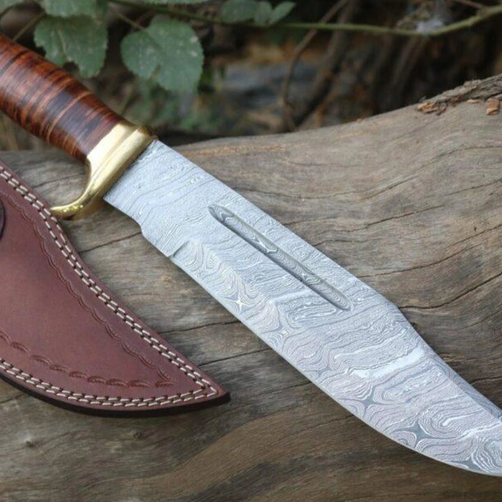 Premium Handcrafted Damascus Bowie Knife – 17-inch Forged Steel Blade with Brass and Leather Handle