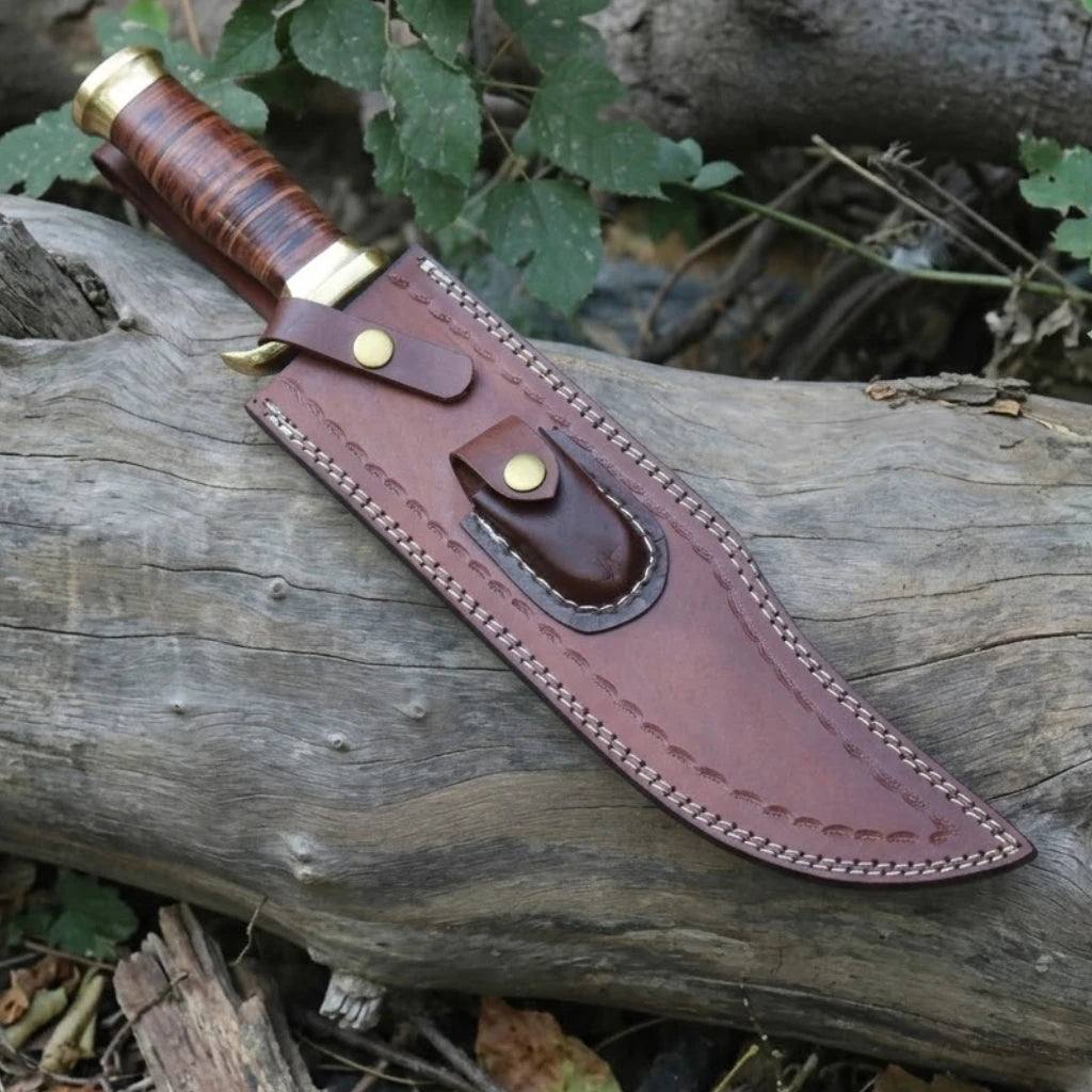Premium Handcrafted Damascus Bowie Knife – 17-inch Forged Steel Blade with Brass and Leather Handle