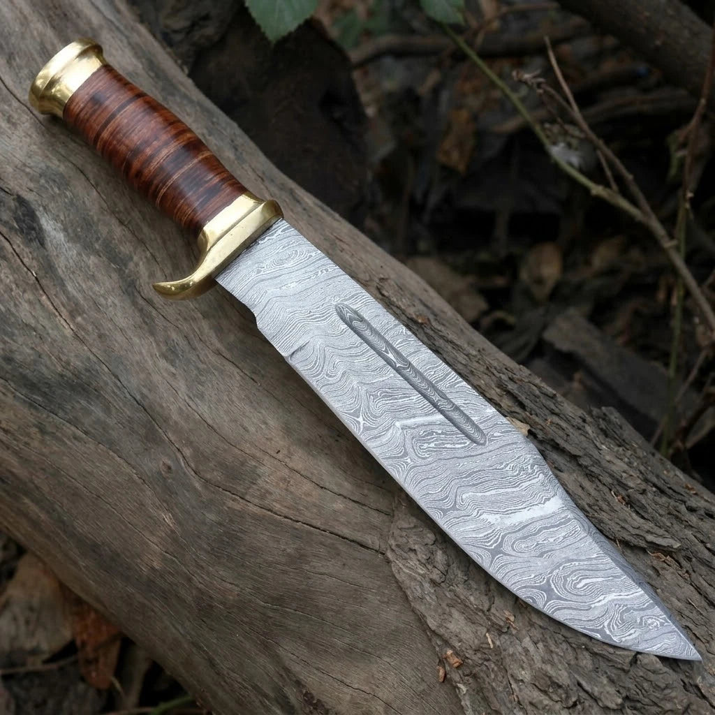 Premium Handcrafted Damascus Bowie Knife – 17-inch Forged Steel Blade with Brass and Leather Handle