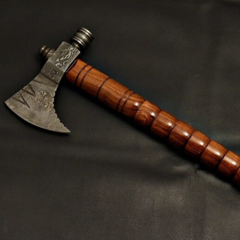 Tomahawk Smoke Axe Damascus Steel Blade Rose Wood Handle