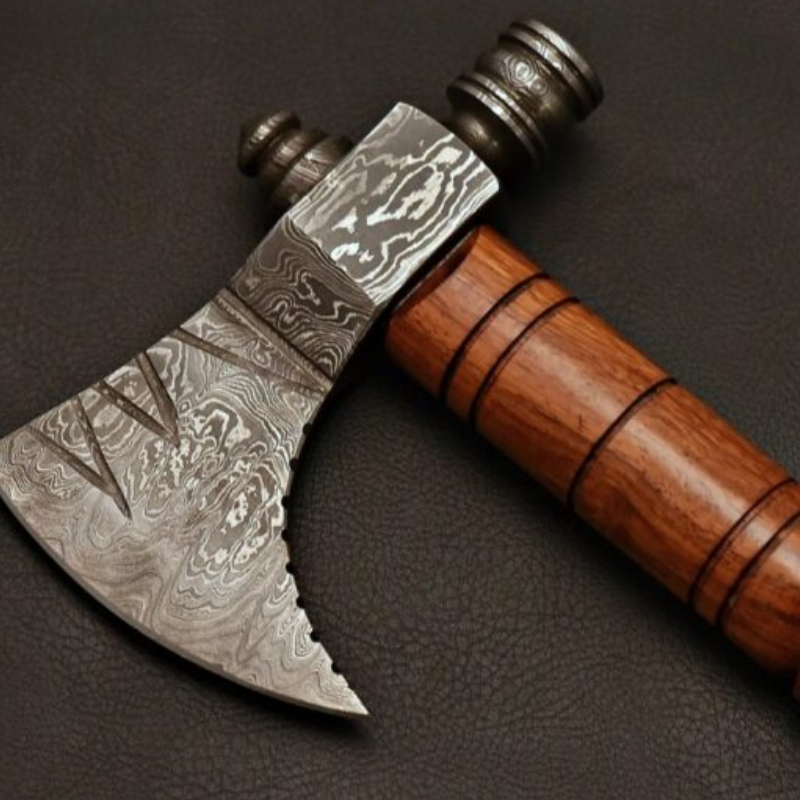 Tomahawk Smoke Axe Damascus Steel Blade Rose Wood Handle