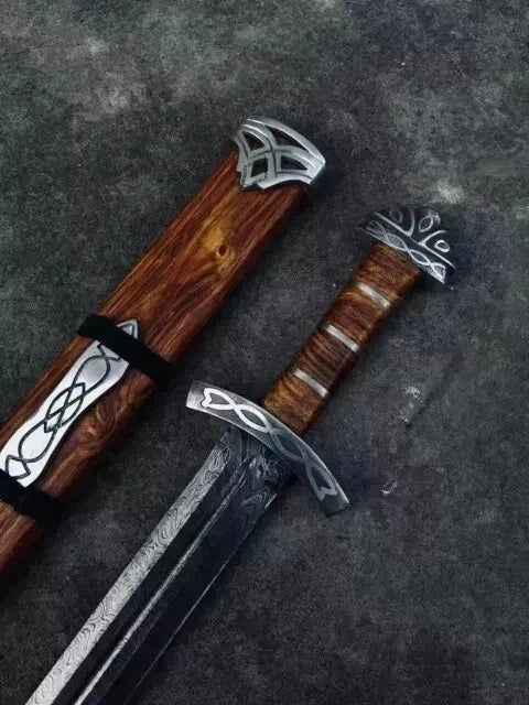 Viking Medieval Damascus Steel Sword – 36″ Battle Ready Sword with Ash Wood Handle & Silver Etched Guard