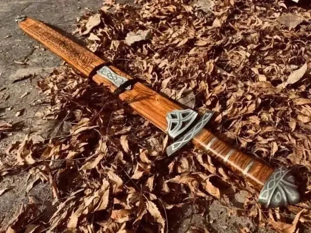 Viking Medieval Damascus Steel Sword – 36″ Battle Ready Sword with Ash Wood Handle & Silver Etched Guard