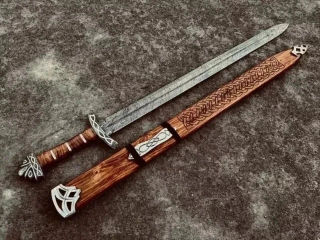 Viking Medieval Damascus Steel Sword – 36″ Battle Ready Sword with Ash Wood Handle & Silver Etched Guard